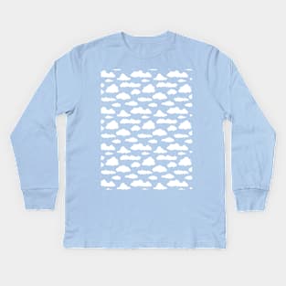 Sunny sky: White cartoon clouds in a repeating pattern Kids Long Sleeve T-Shirt